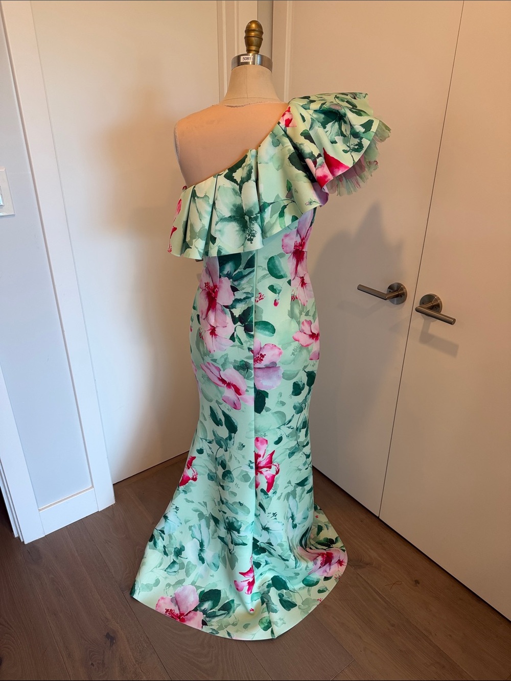 Badgley Mischka Mint Floral One-Shoulder Ruffle Gown - Picture 3 of 5